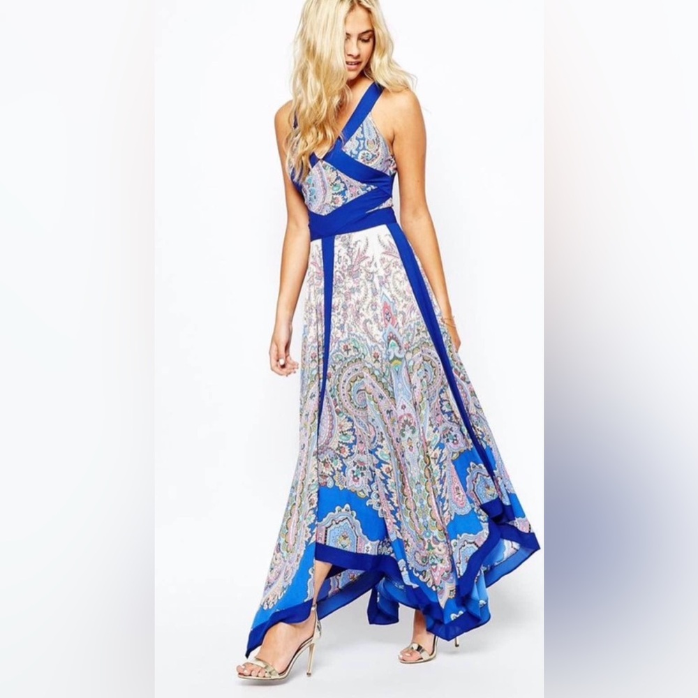 Oasis One Shoulder Blue Paisley Dress